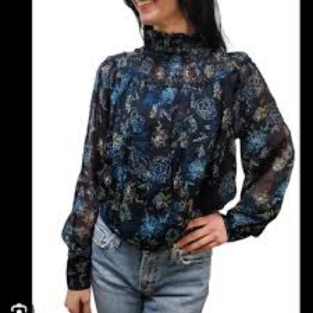 Bishop & Young Jasmine Print Smock Neck Blousel Size M ties on lower back